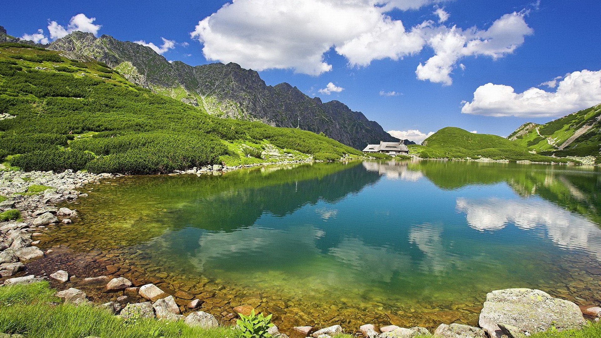 nature été ciel montagnes lac transparent eau dans loin maison