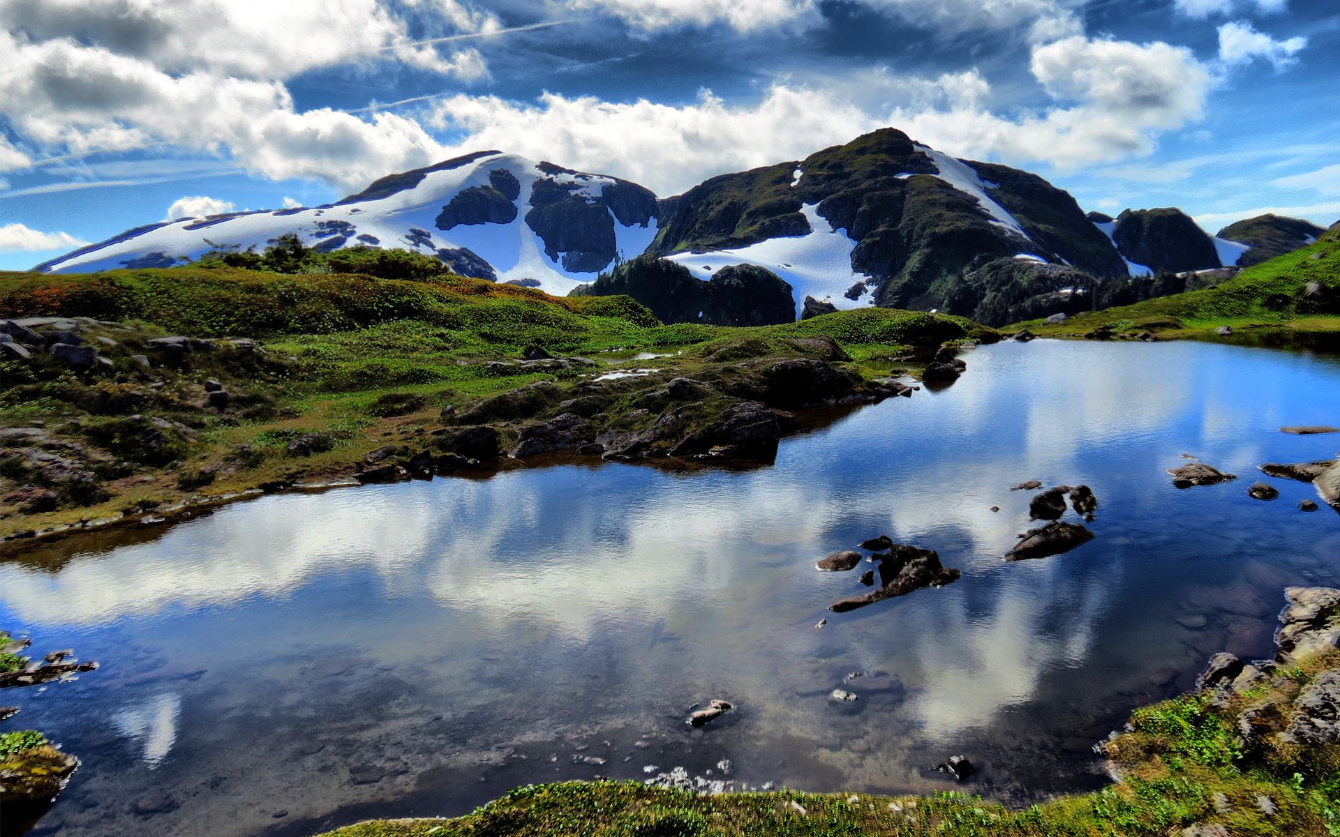 naturaleza lago agua montañas rocas nieve reflexión nubes