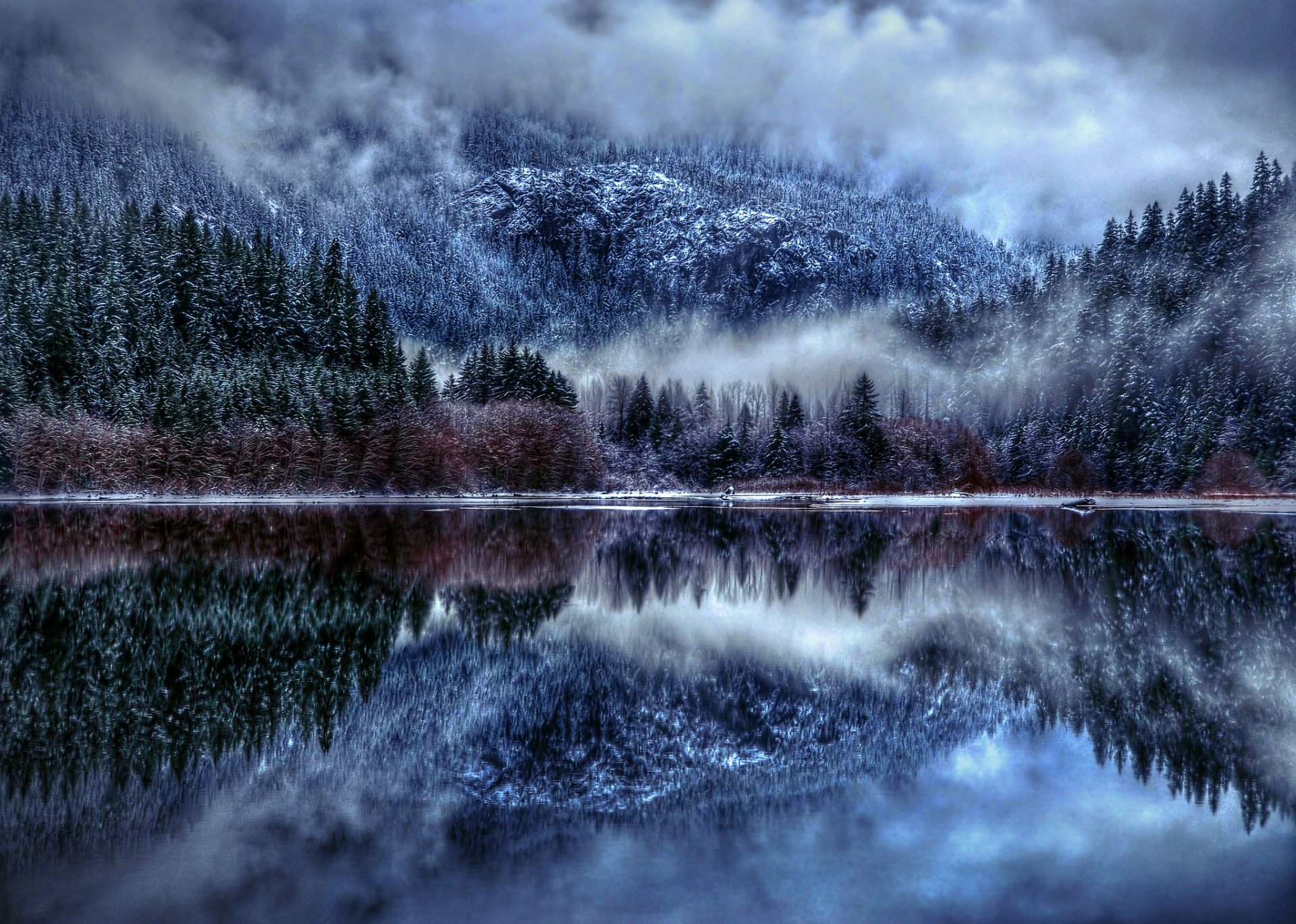 nature winter lake snow fog