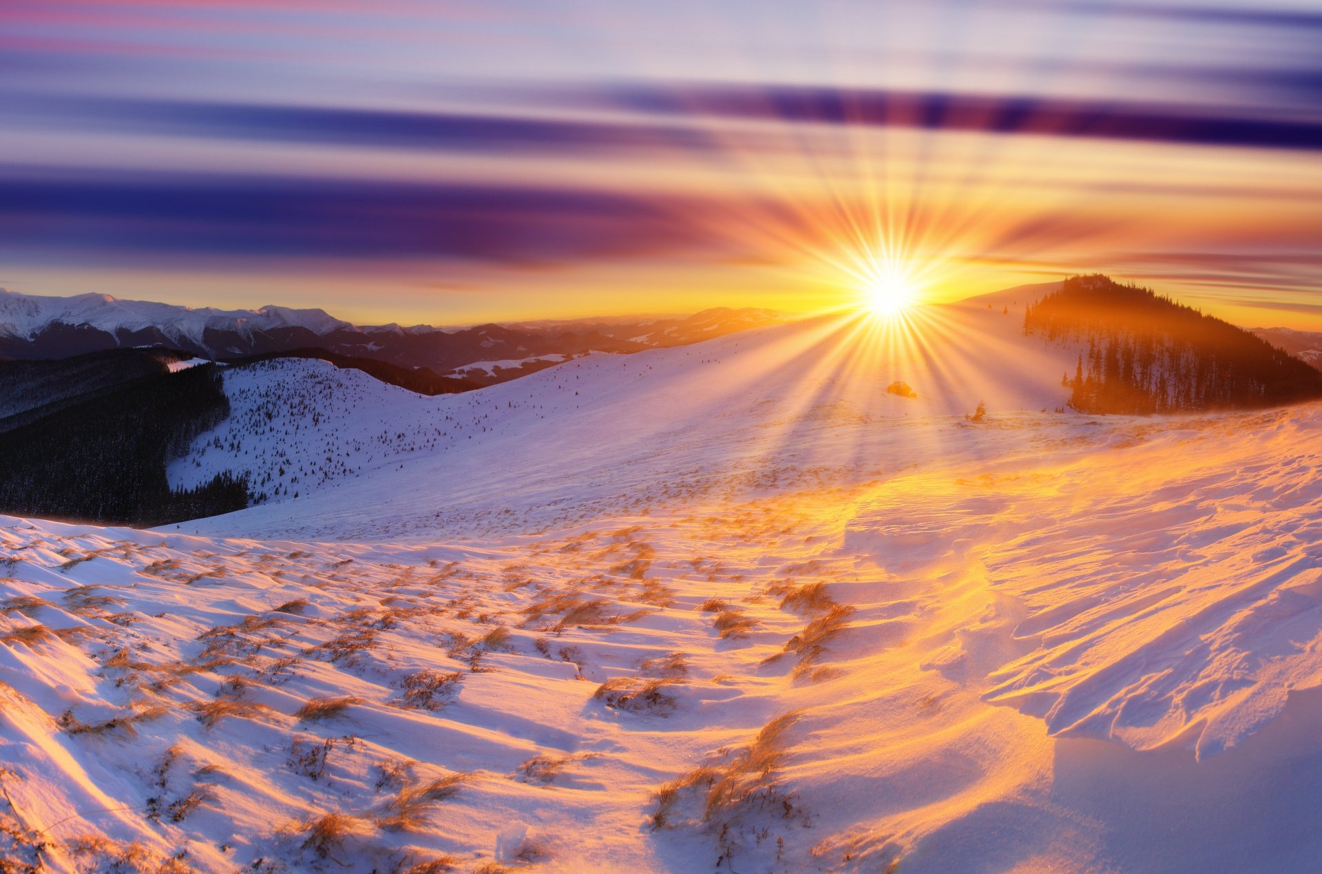 hiver aube montagnes neige soleil