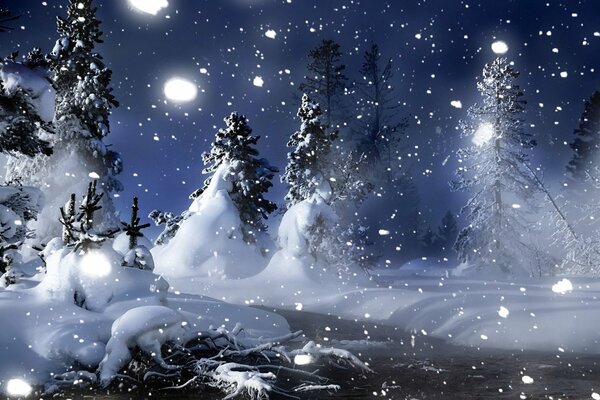 Snow in the night forest by the river