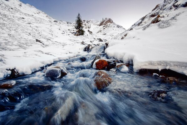 Fiume di montagna in inverno nelle rocce