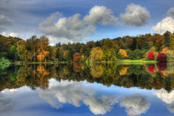In a beautiful park in the lake reflection of the blue sky