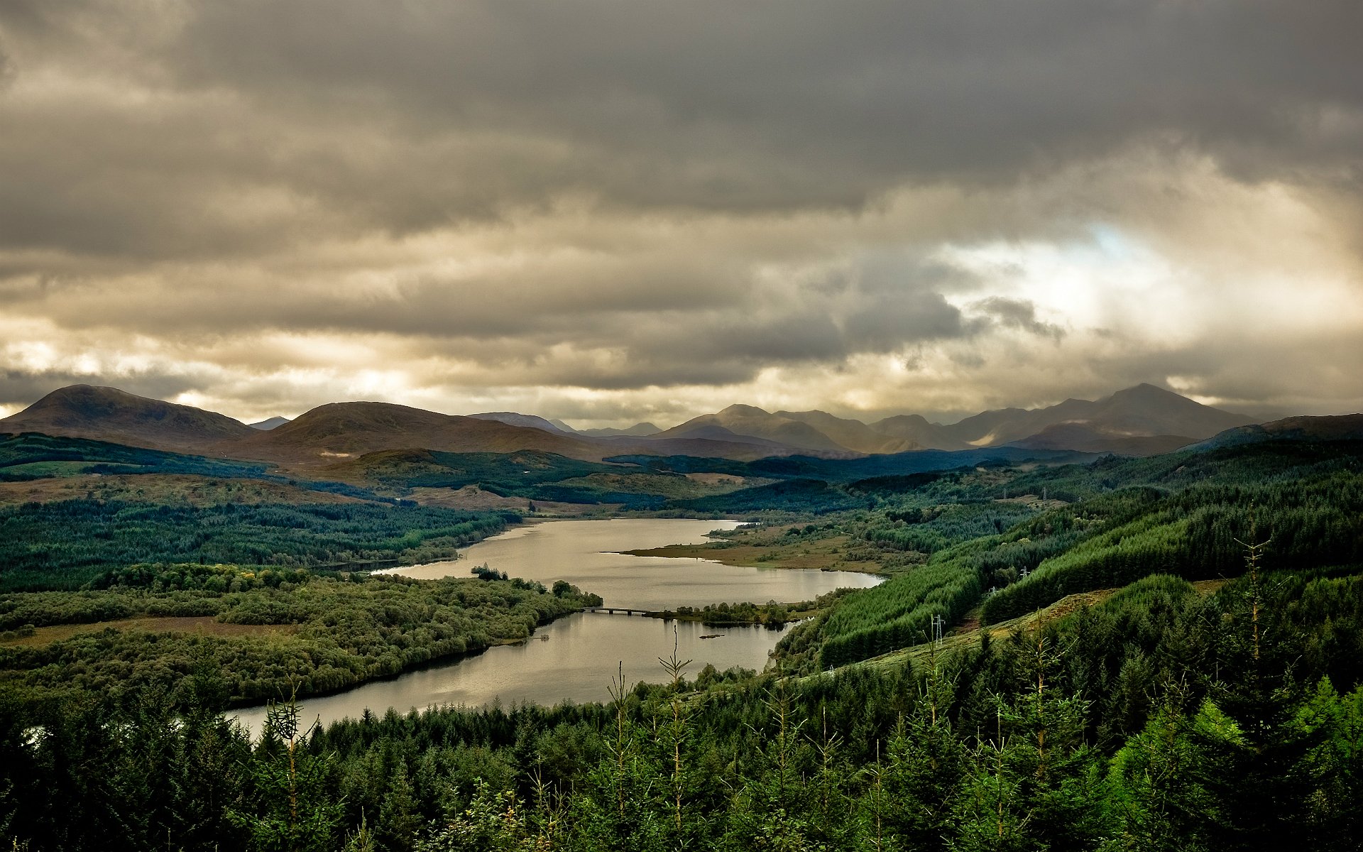 great britain scotland loch garry lake mountains forest trees sky clouds landscape