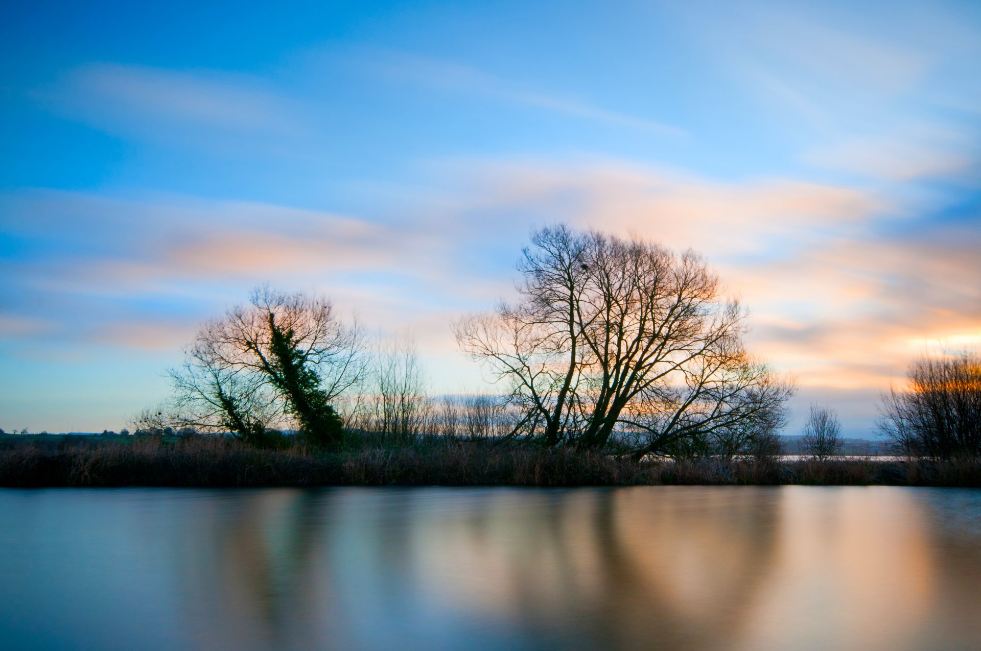 sera tramonto blu cielo nuvole alberi erba riva lago superficie liscia