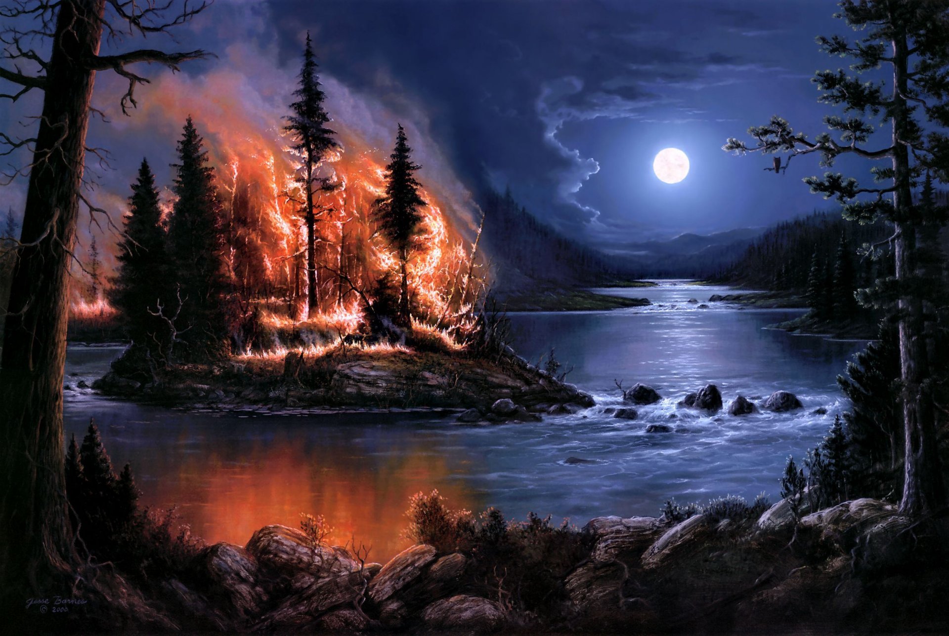 jesse barnes rivière forêt feu feu île arbres nuit lune art