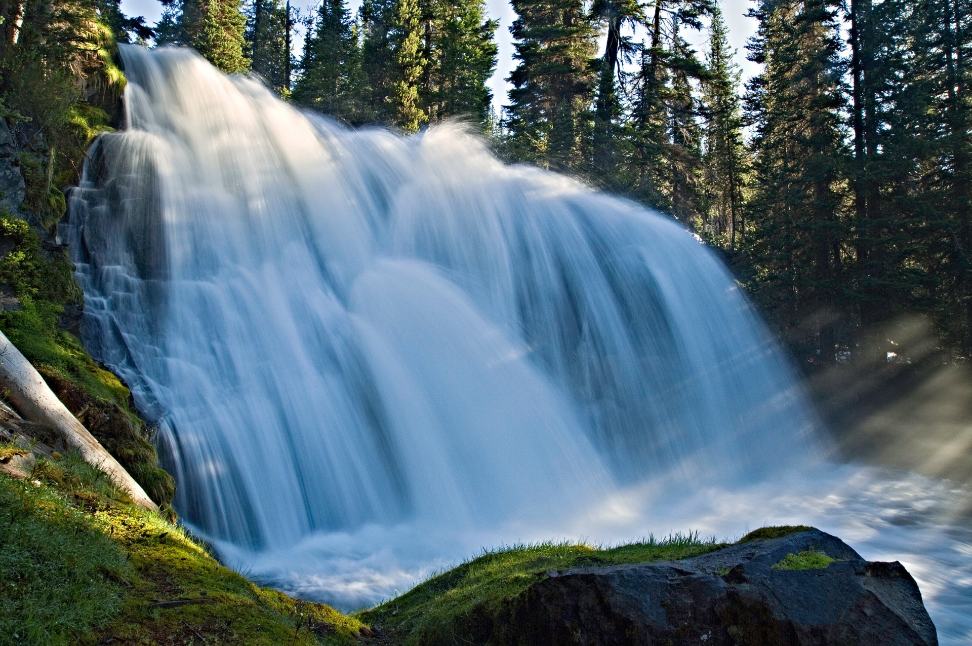 nature waterfall forest stone rays light