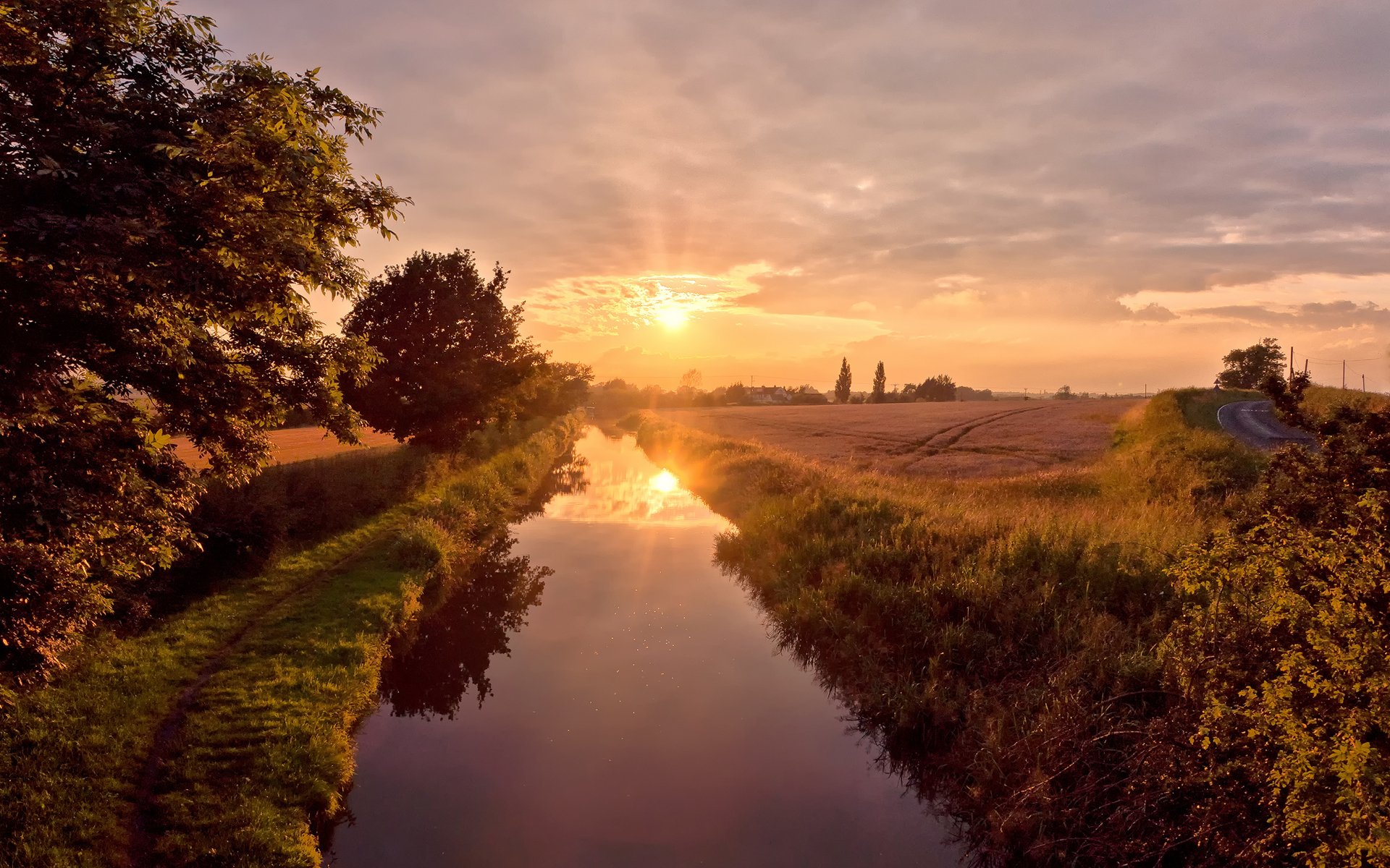 river sky sun reflection shore summer