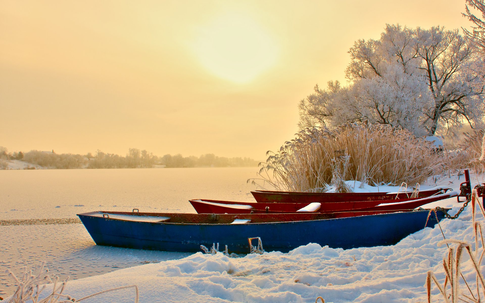 boote winter abend fluss schnee