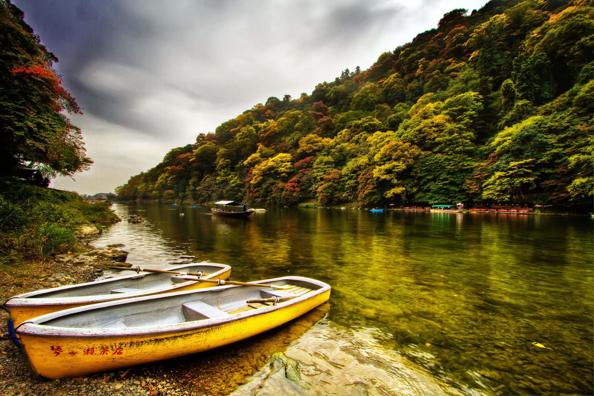 forêt arbres gris ciel rivière bateaux deux rive