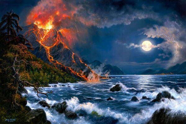 Volcanic eruption in the sea landscape