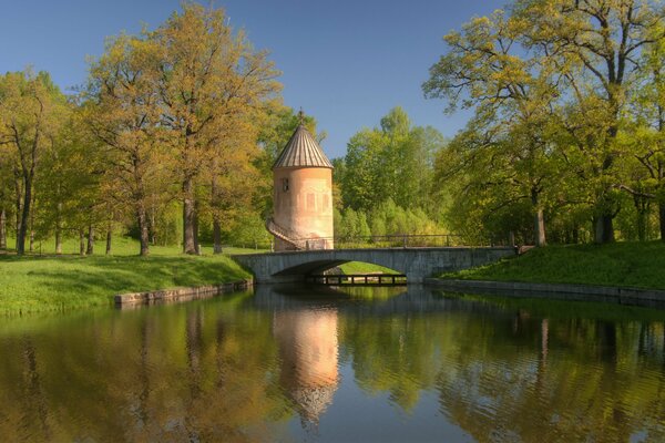 Riflessione del ponte con la Torre nello stagno