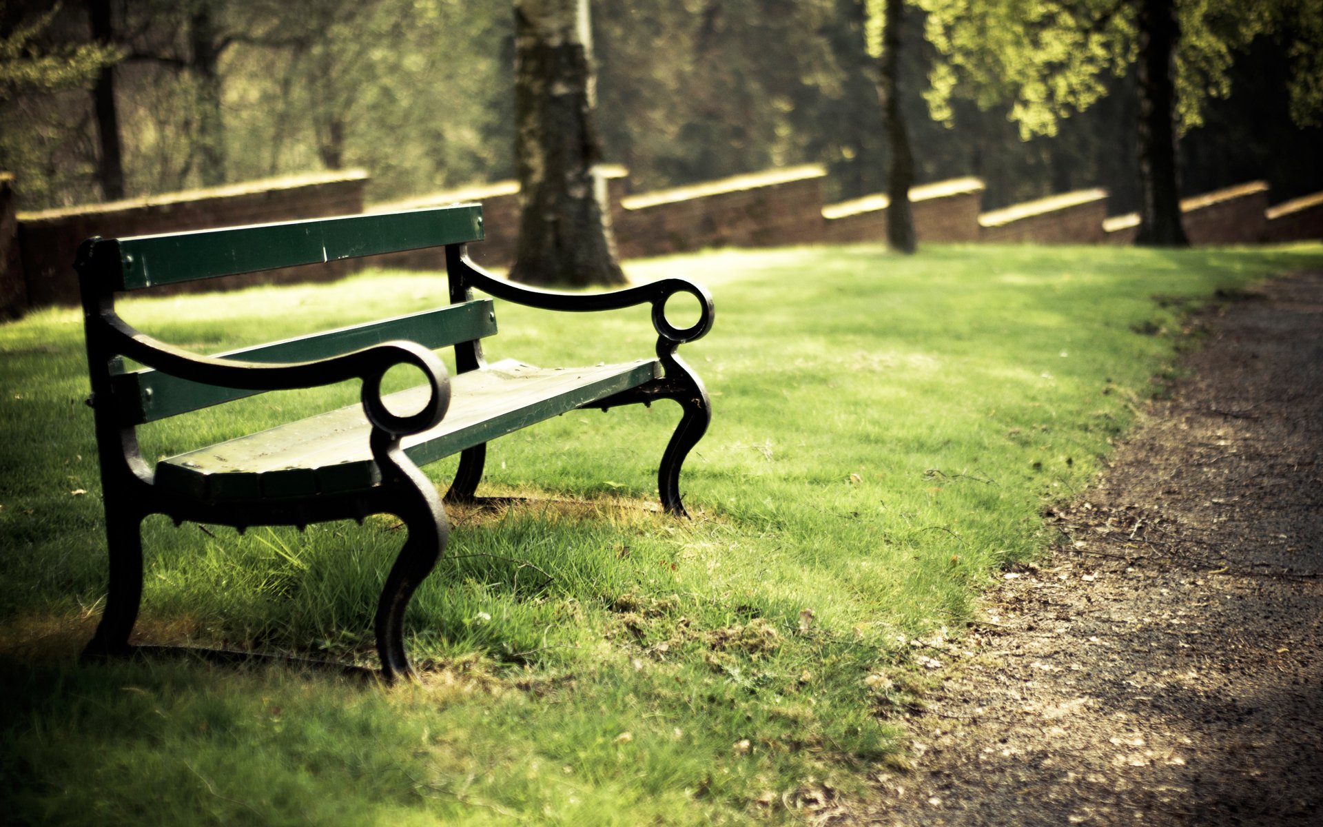 park bench shop fencing summer day grass green tree foliage path track sports light sun