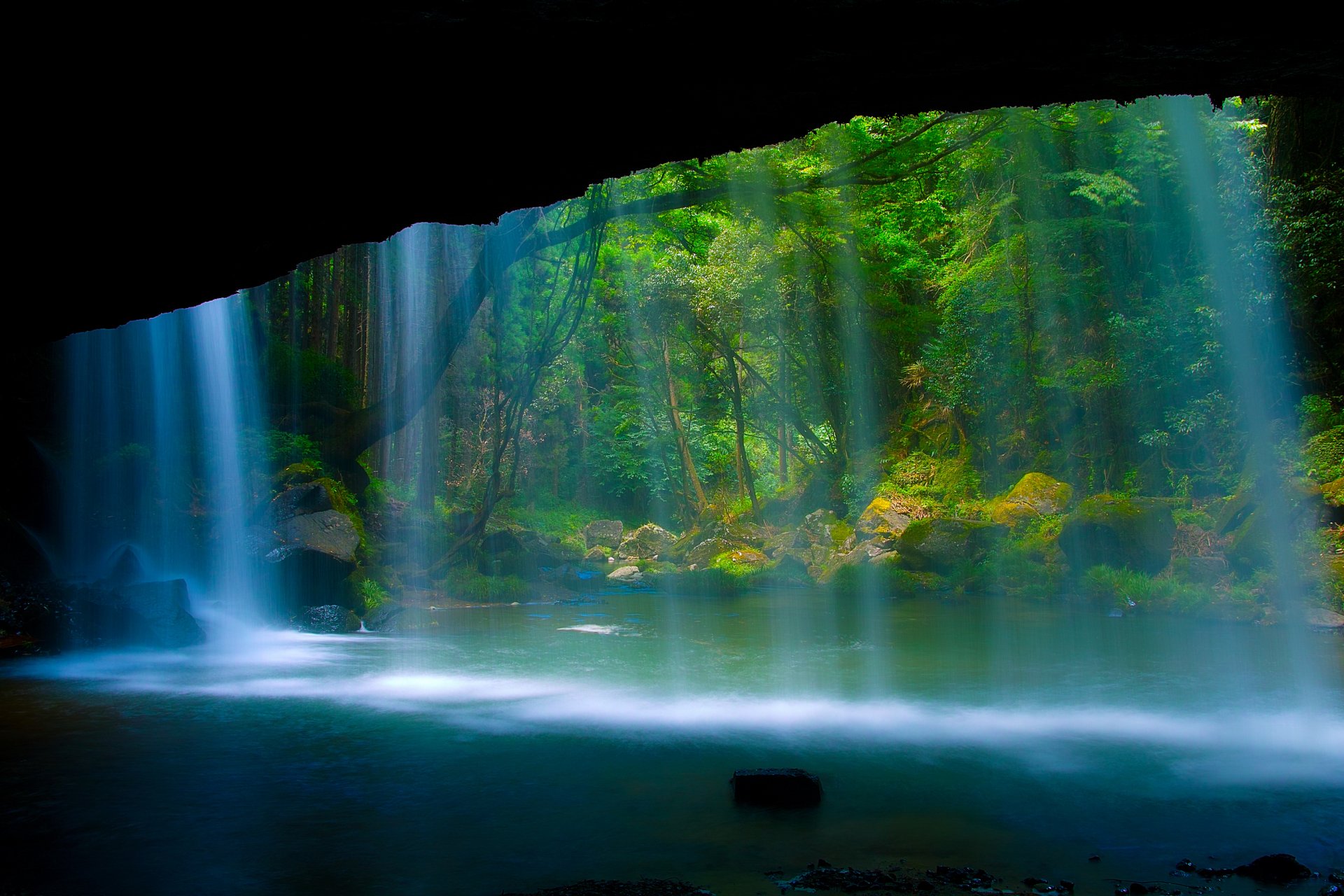 nature waterfall river forest rock