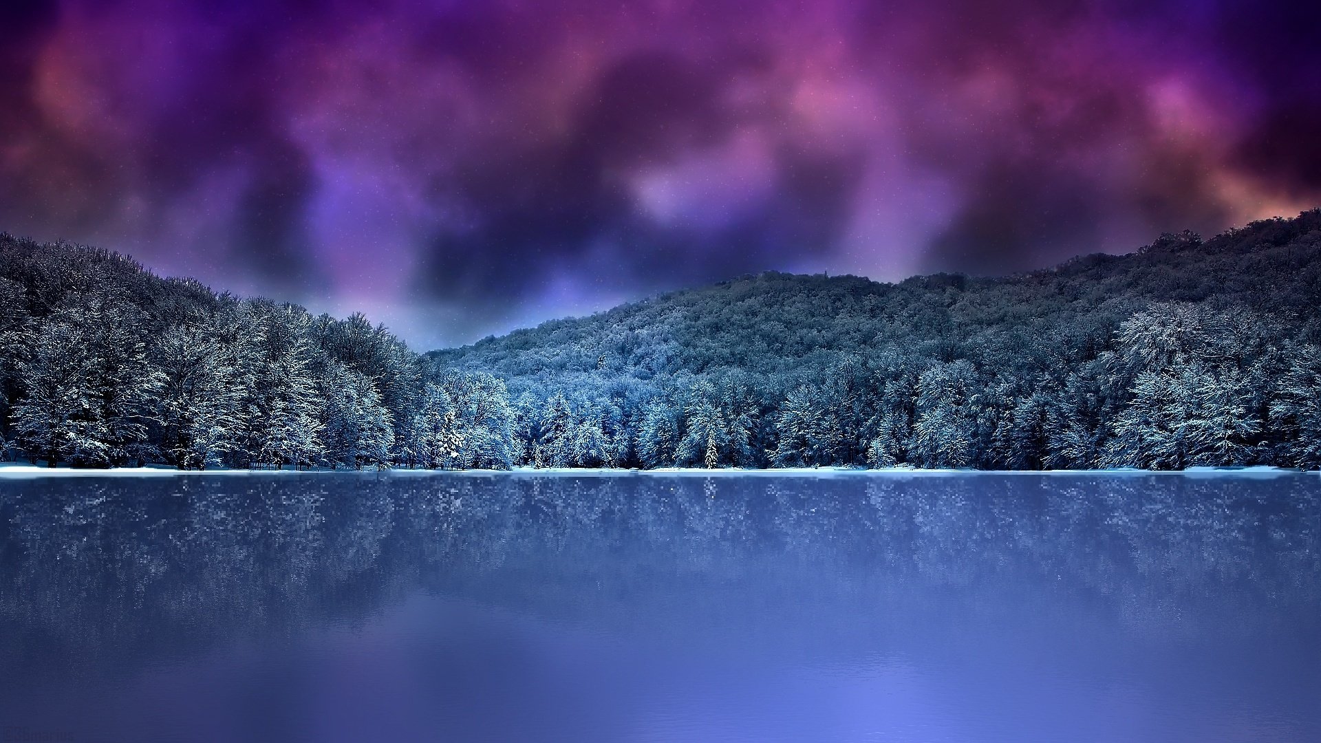 hiver montagnes forêt lac nuit nuages