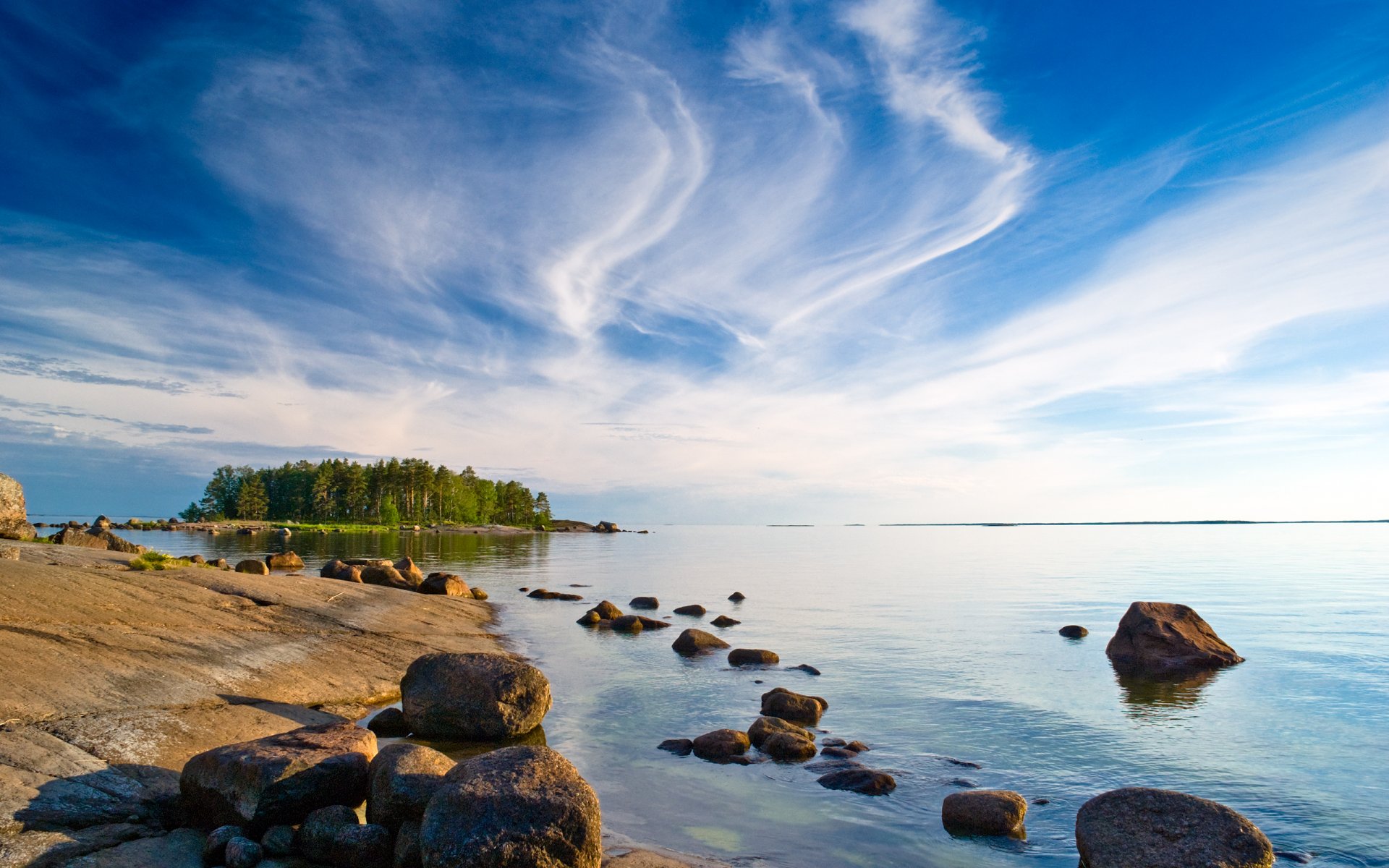 finland island tree beach stones gulf blue sky cloud