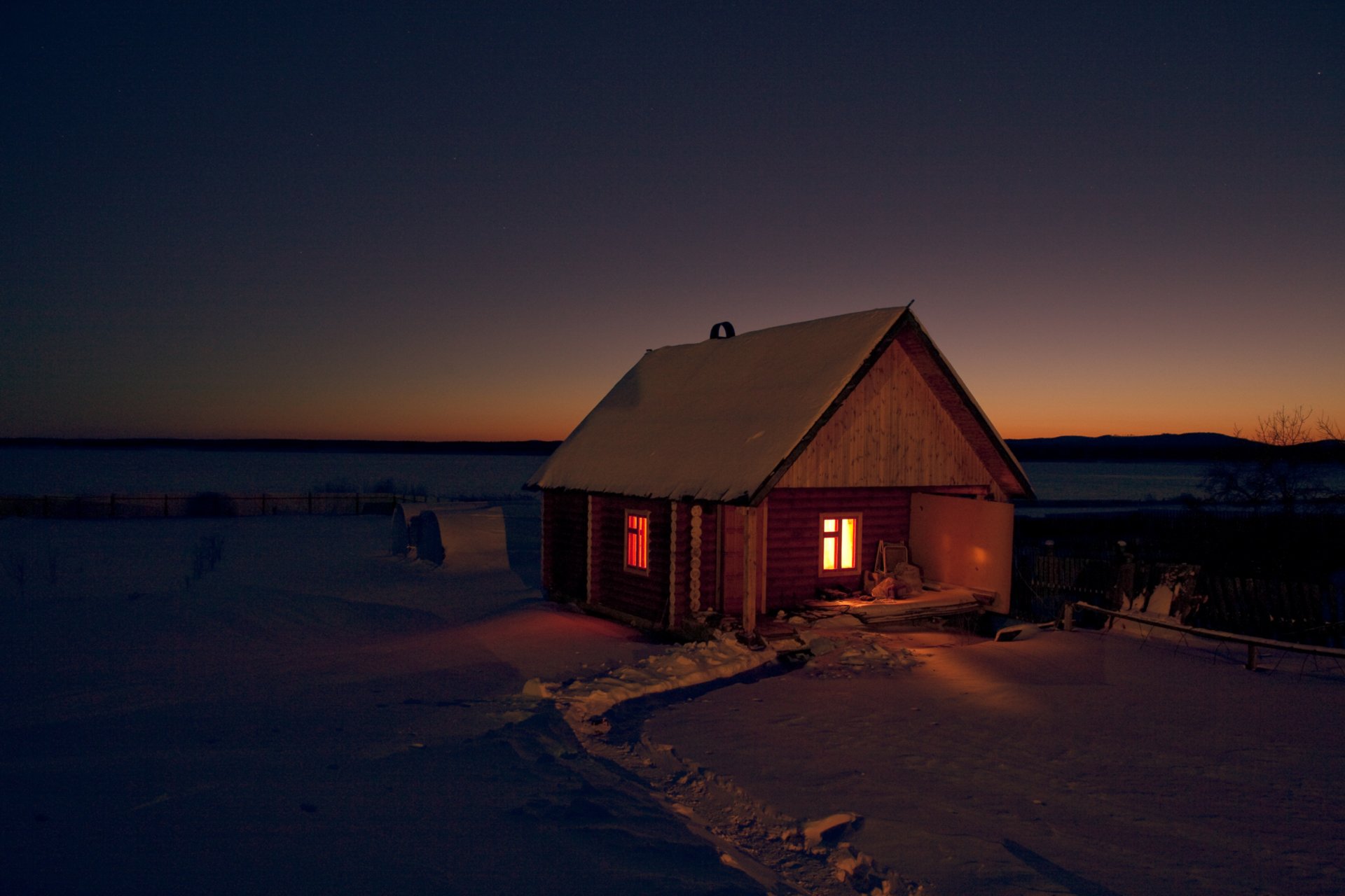 nature winter house bath sauna night snow dark the field path light in the window russia frost wallpaper