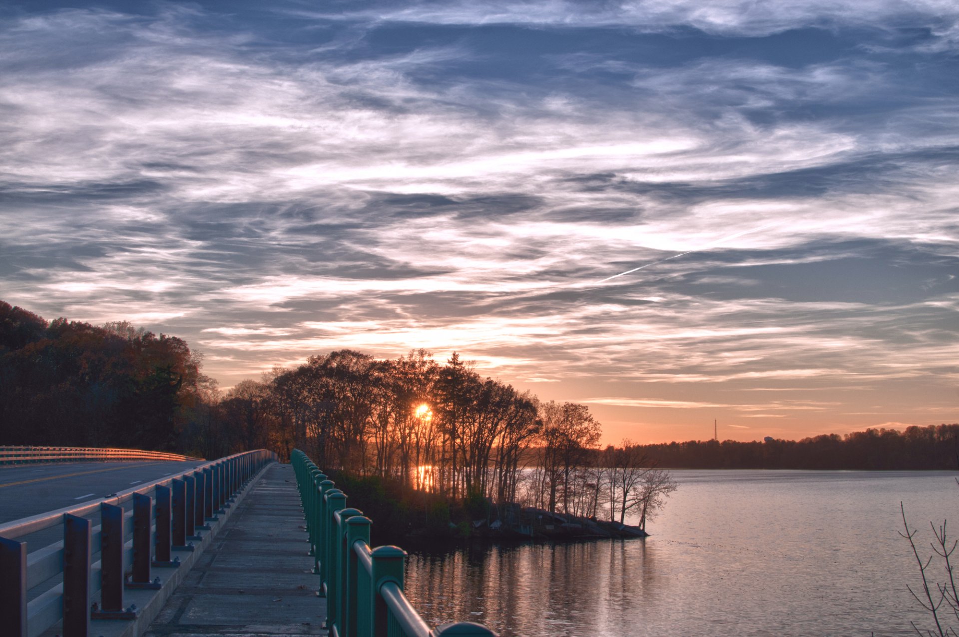 night sunset sun sky clouds tree beach river bridge road track forest