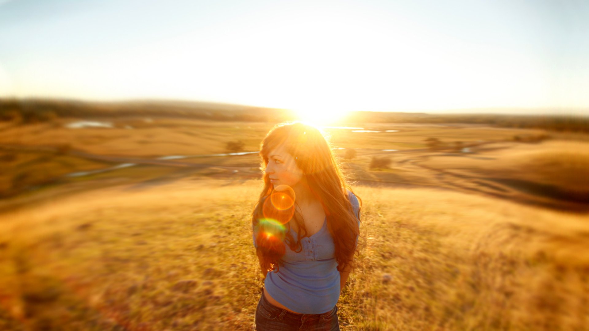 nature girl sun field ray light look beautiful background