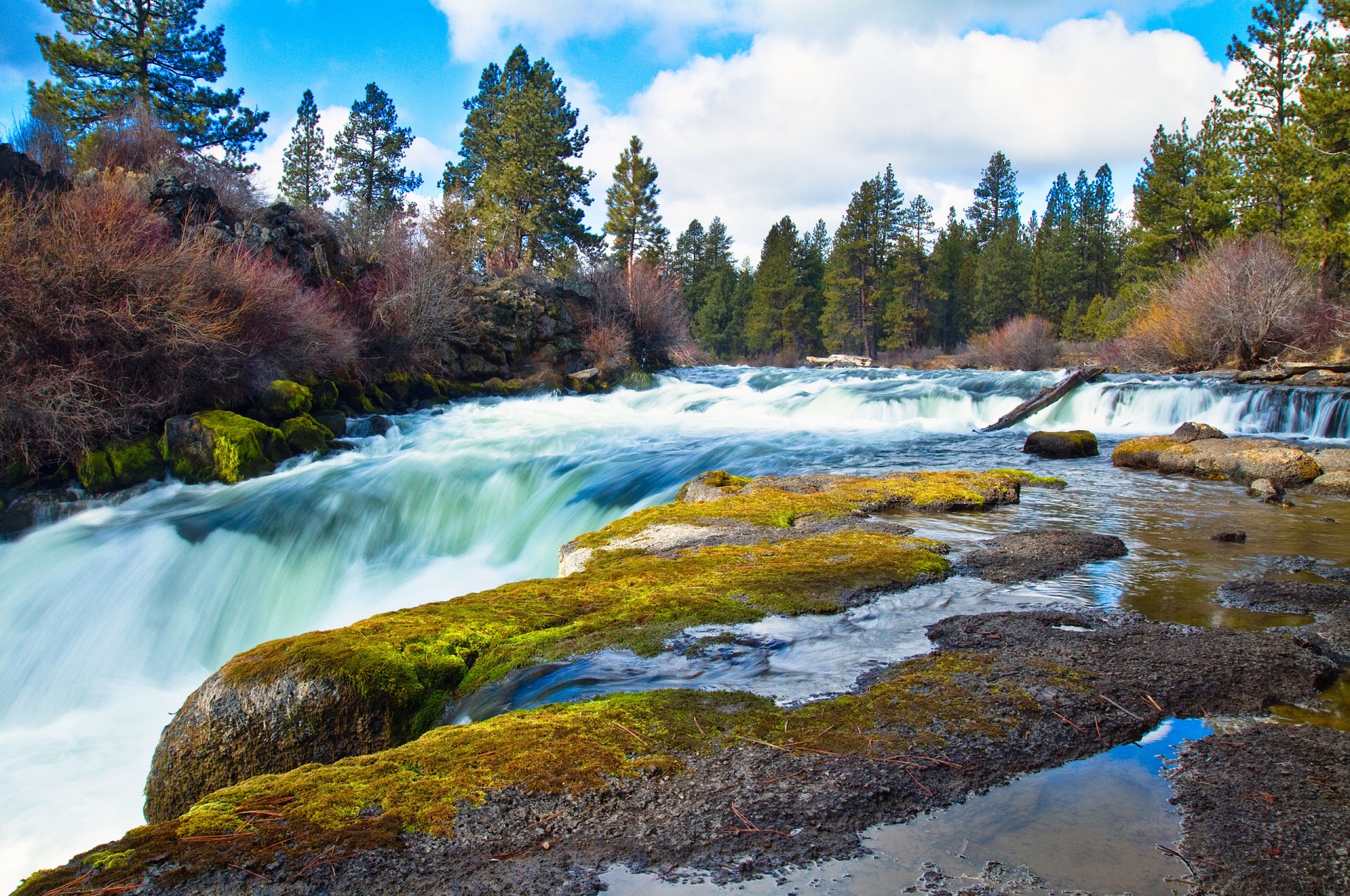 naturaleza río corriente rocas musgo bosque cielo nubes