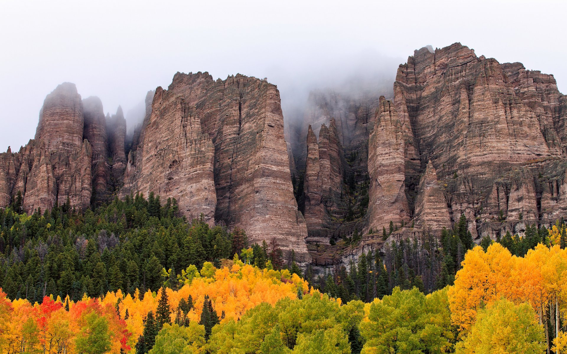 nature autumn forest mountain sky clouds fog