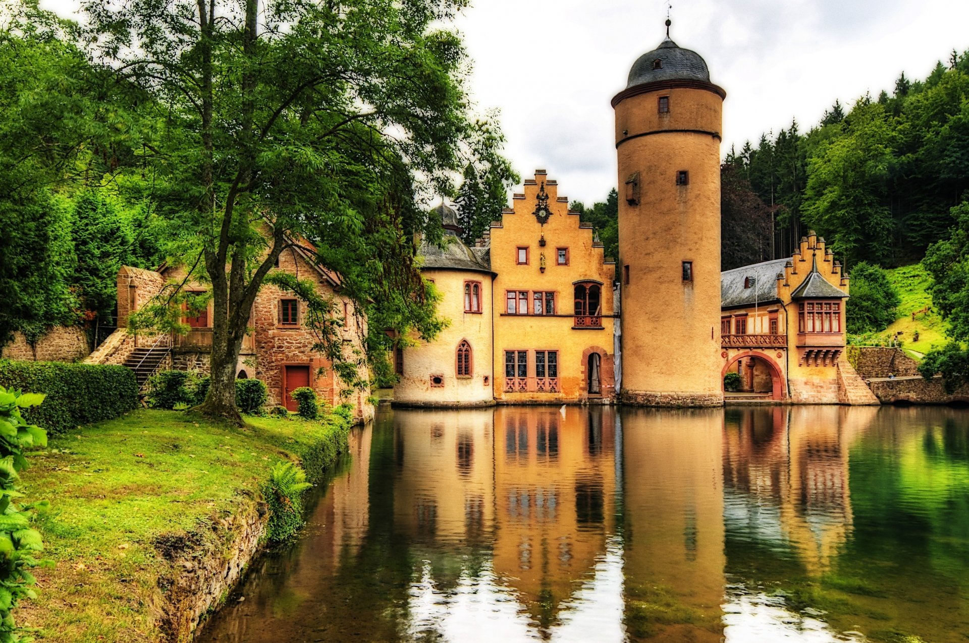 castle mespelbrunn castle germany water lake tower trees landscape landscape