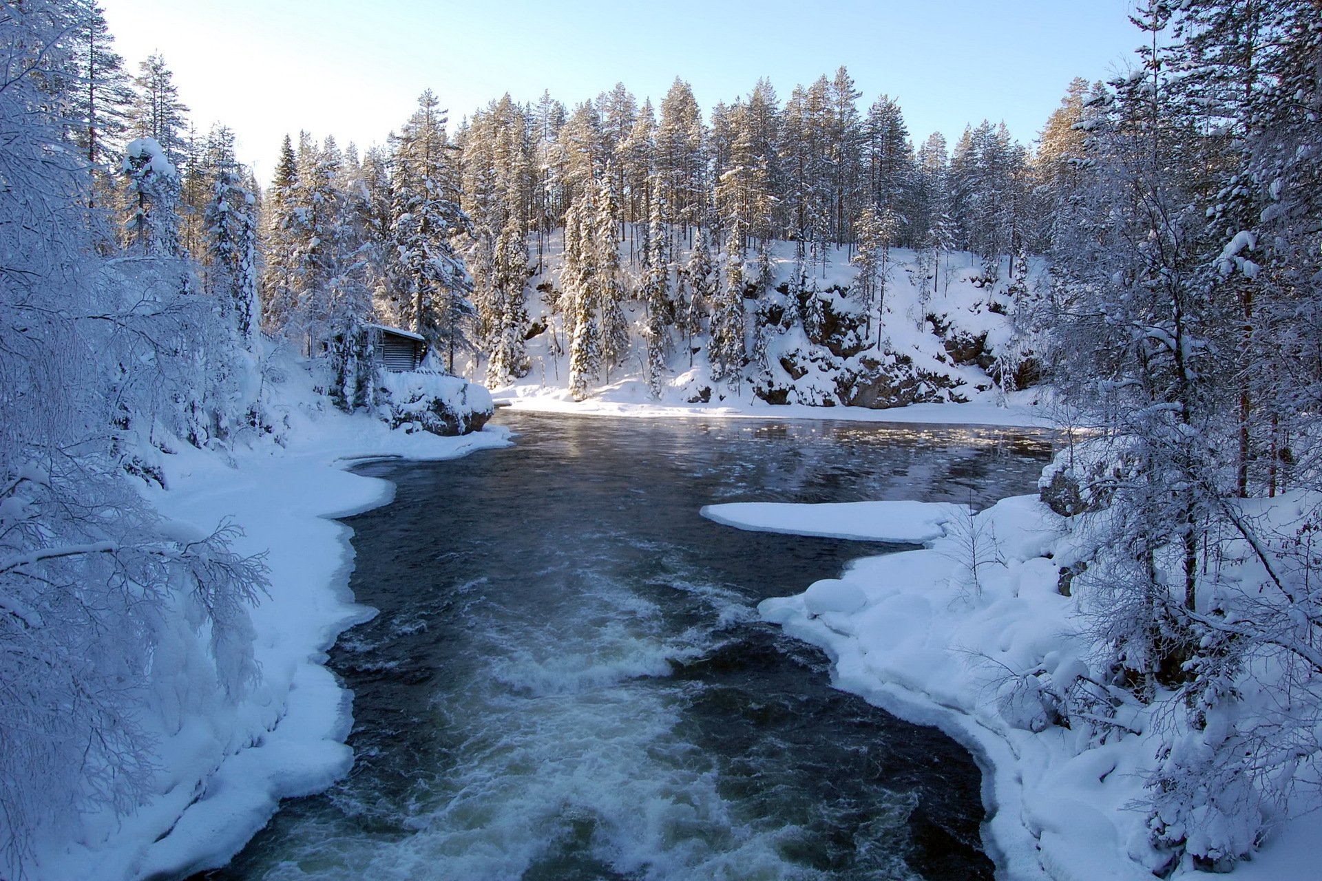 inverno neve ghiaccio foresta alberi casa fiume