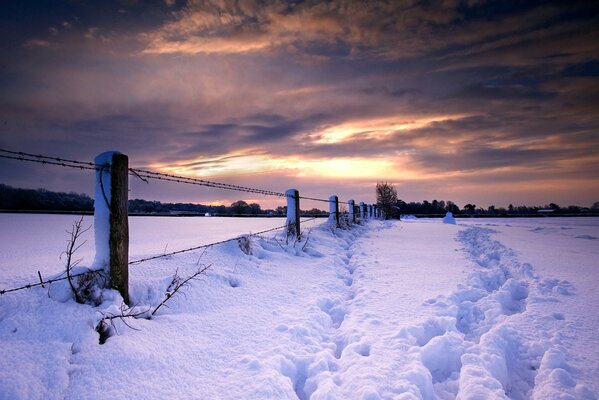 Winter snowy landscape, footprints in the snow along the fence