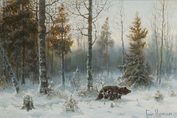 Pintura de la naturaleza del bosque en invierno