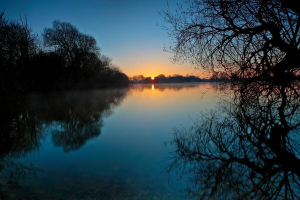 Sunset on the lake, reflections of trees in the water