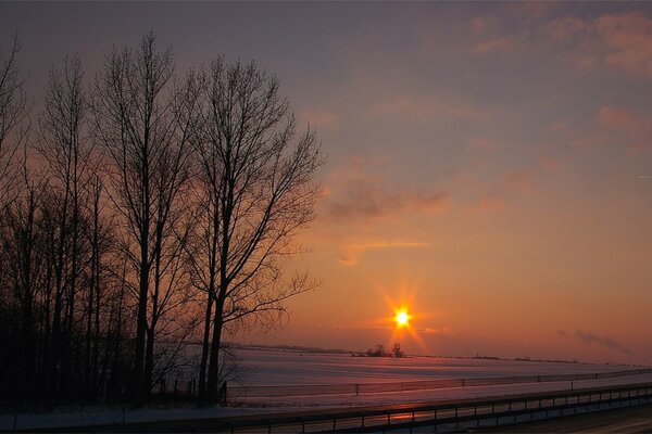 Orange sunset on the evening road