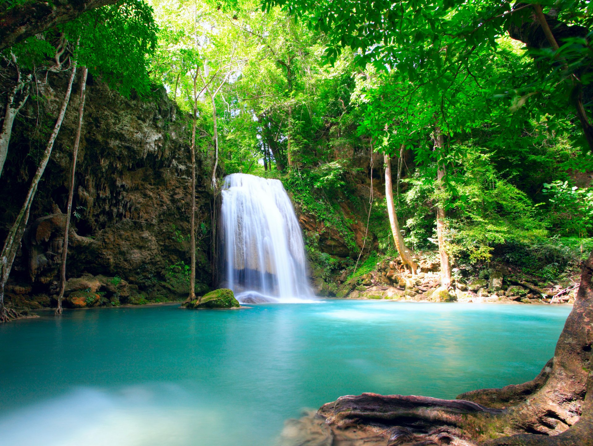 cascada corriente agua estanque árboles vegetación naturaleza