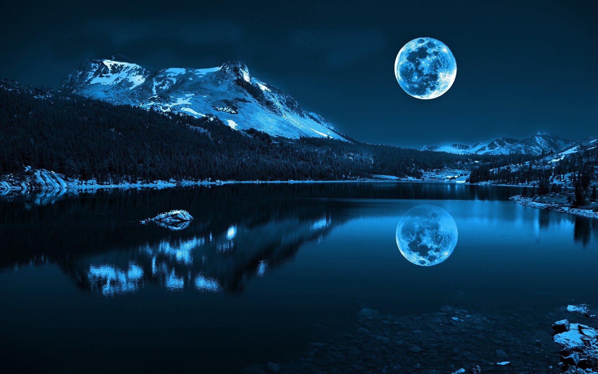 naturaleza paisaje mar río agua montañas nieve luna reflexión brillo piedras noche fresco