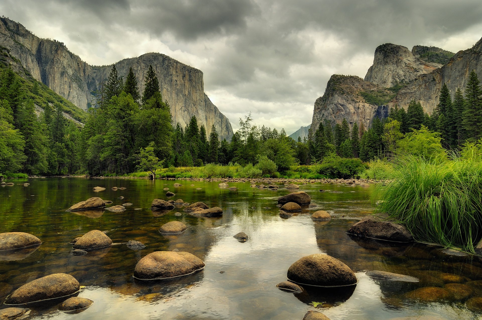 nature river stones mountain forest grey day