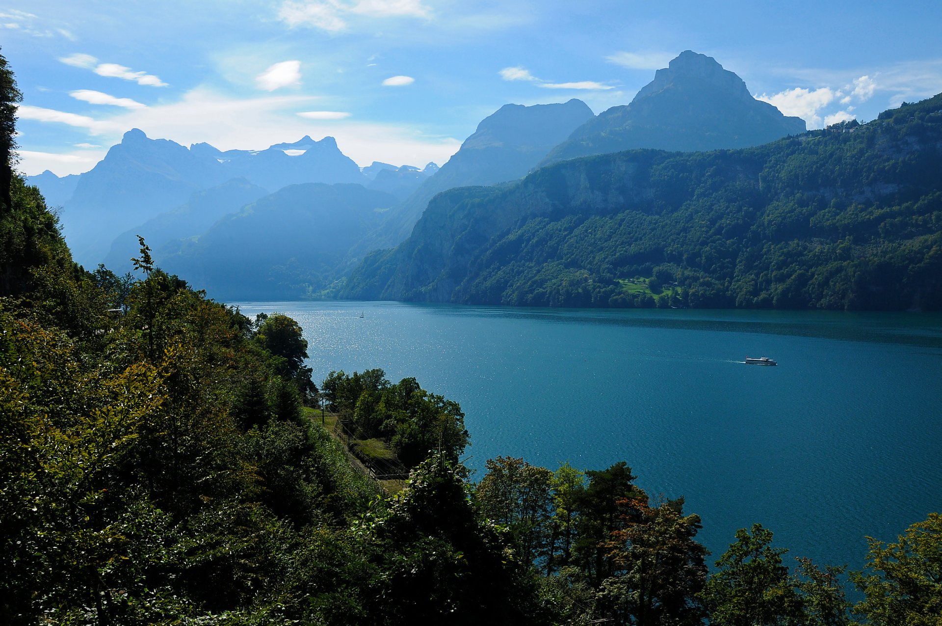 berge himmel schweiz natur wolken see schiff