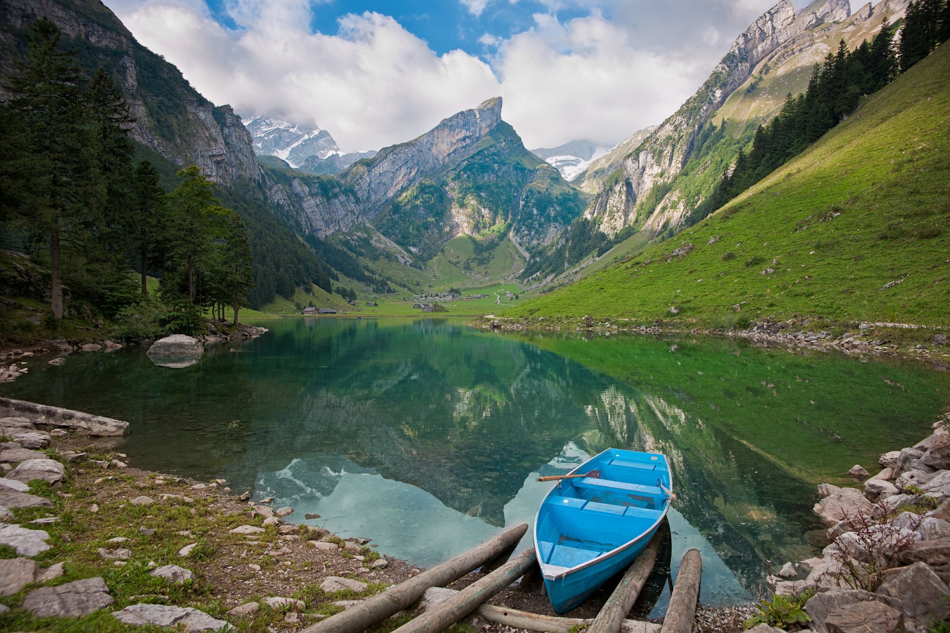 nature mountain lake stones boat