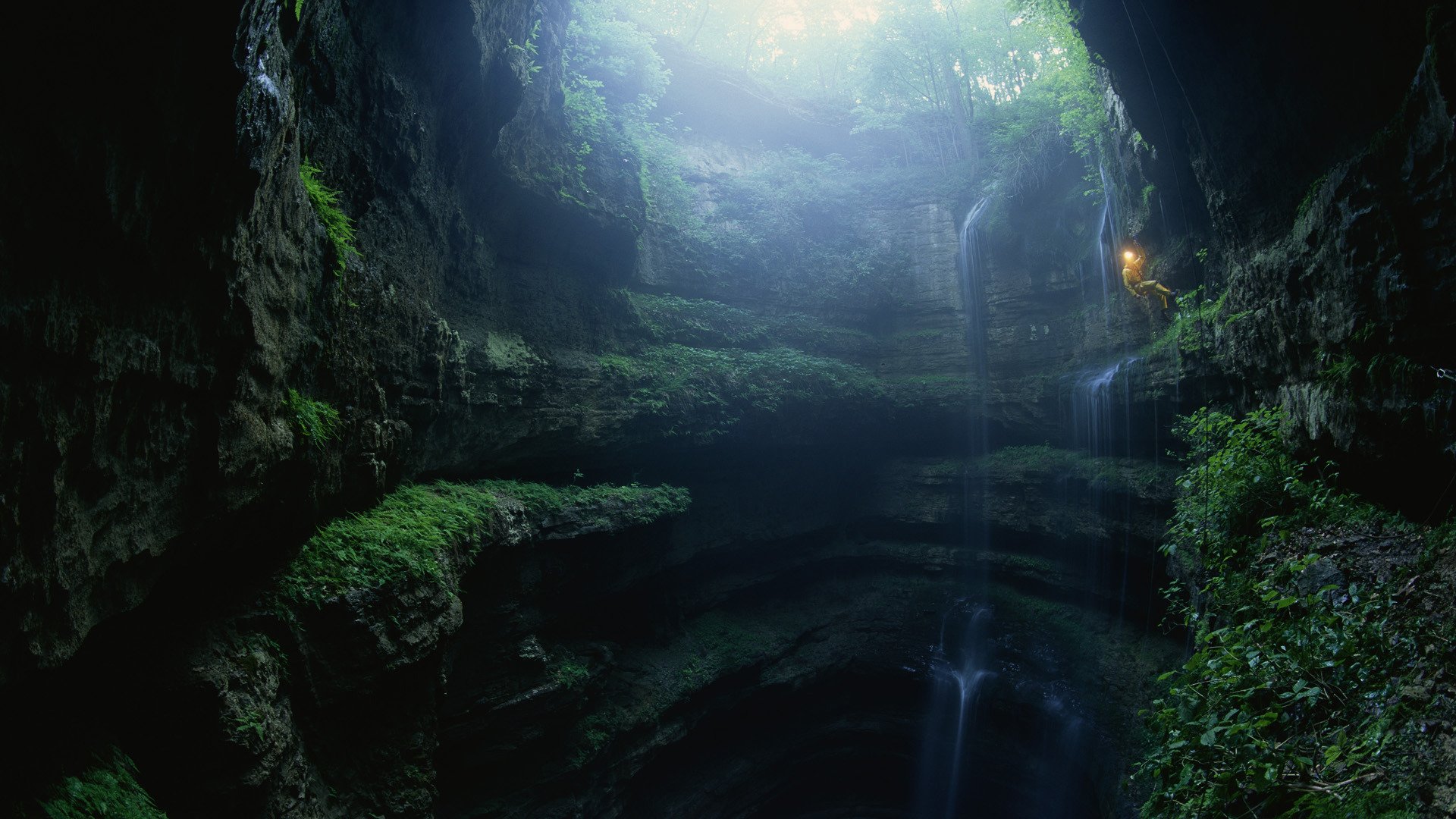 landscape nature valley cave descent light waterfall