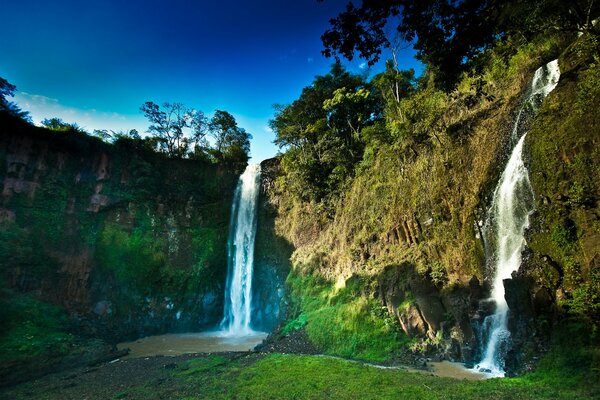 Cascada en un Prado tropical con un lago