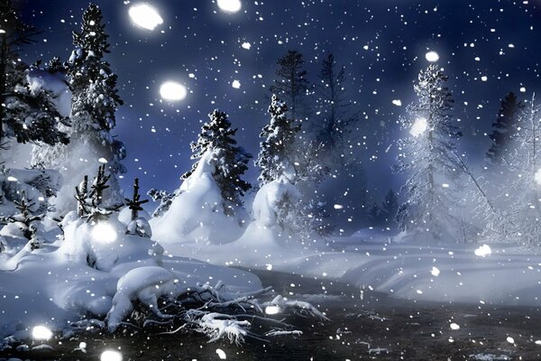 Зимний ночной пейзаж. Елочки в снегу