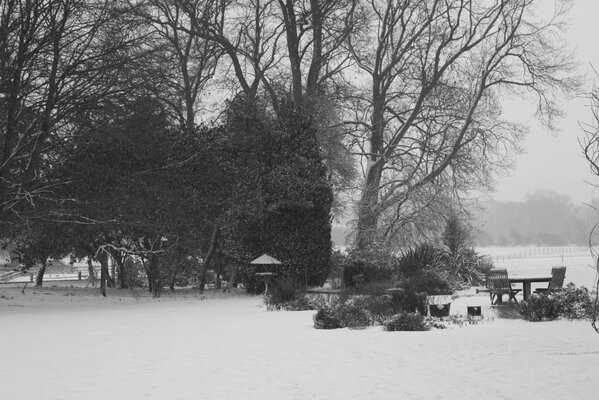 Beautiful winter landscape. Playground with chairs