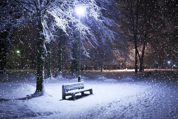 Banc solitaire sous la lanterne en hiver