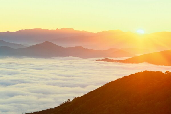 Niebla en las montañas al amanecer en Japón