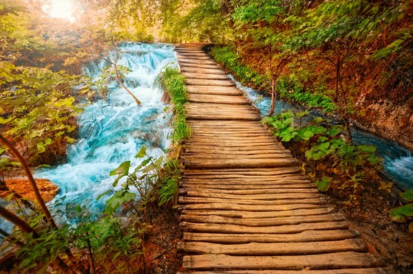 PUENTE SOBRE UN RÍO DE MONTAÑA CON UNA HERMOSA CASCADA Y NATURALEZA