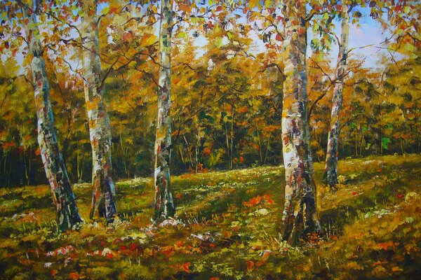 A picture of golden autumn in a birch grove