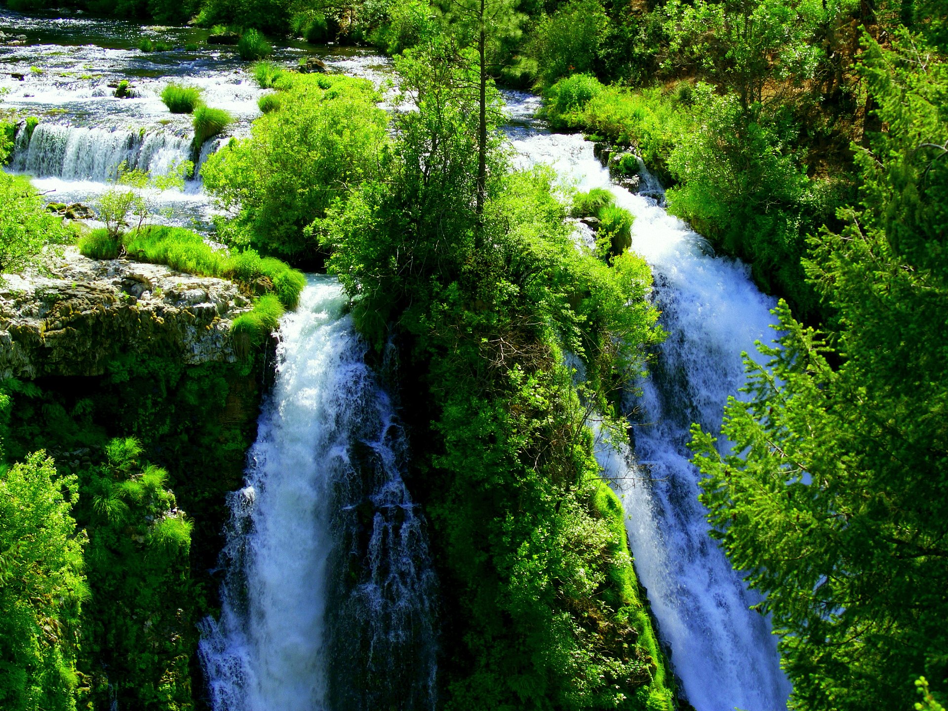 waterfall water many green bright