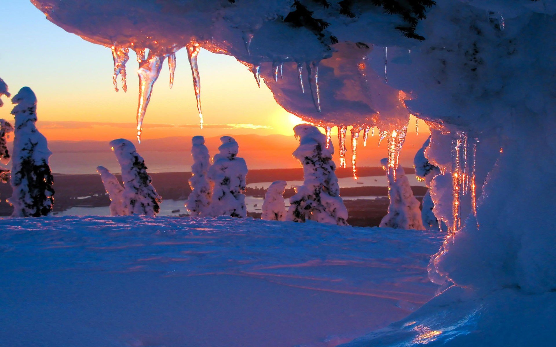 invierno nieve puesta de sol los árboles los carámbanos