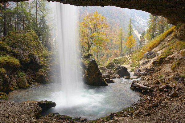 The flow of a mountain waterfall among the stones is a path in the forest