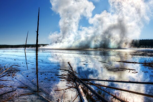 Hot steam from the water