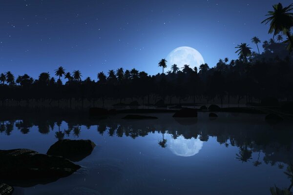 Réflexion de la grande lune dans l eau