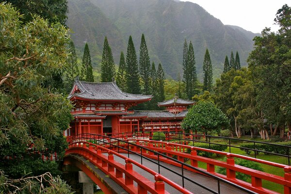 Japanese Red Bridge in the mountains